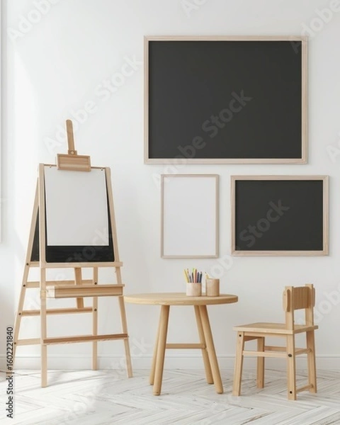 Fototapeta Empty frames and easel in a kids room with a chair and table