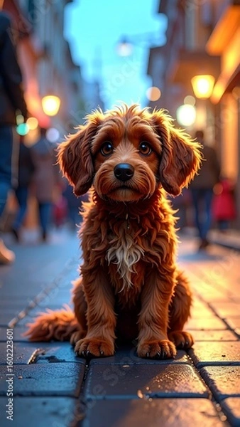 Fototapeta A close-up, low-angle shot of a small, fluffy dog with a pensive expression, sitting alone on a cobblestone street with blurred city life in the background.