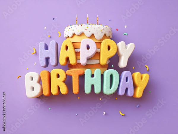 Fototapeta Colorful 3D Birthday Banner with Cake and Festive Decorations