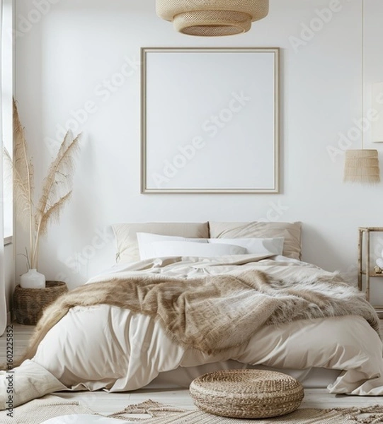 Fototapeta A cozy bedroom with a large square frame above the bed. a wicker ottoman. and a fluffy throw blanket on the bed