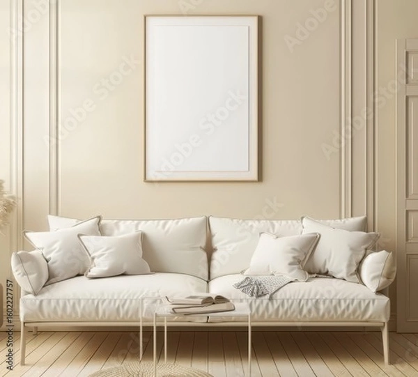 Obraz A white sofa with pillows and a blanket in a minimalist living room with a blank poster frame on the wall