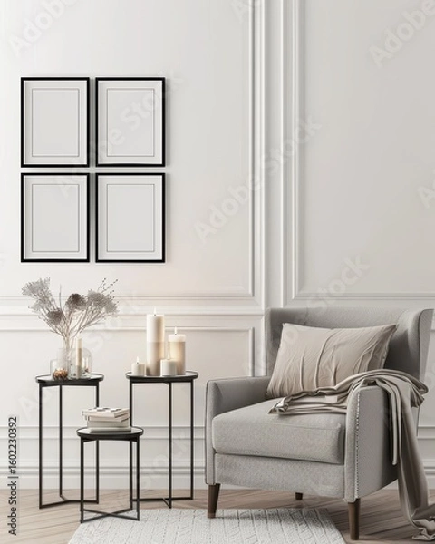 Fototapeta A cozy living room interior with an armchair. side tables. a vase with dried flowers. and candles on a white wall with moldings and four blank frames