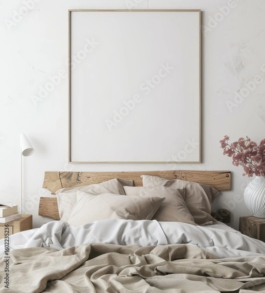 Obraz A minimalist bedroom interior with a large empty picture frame hanging above the bed The bed is made with white sheets and a beige comforter. and there are several pillows on the bed There is a wooden