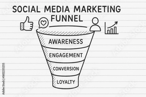 Fototapeta Social media marketing funnel illustrates stages of awareness, engagement, conversion, and loyalty, emphasizing importance of each step in building customer relationships