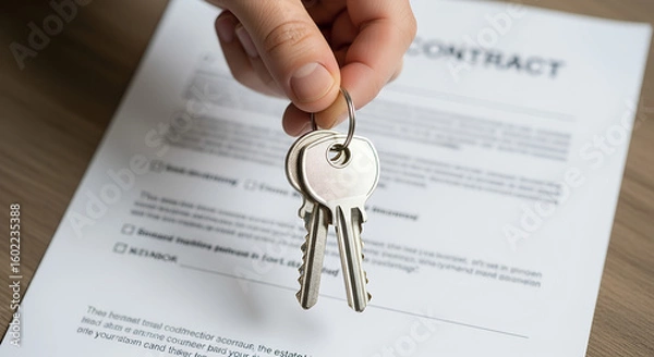 Fototapeta Close-up of a hand holding house keys above a real estate contract. Ideal for illustrating buying a home, renting, or property transfer.