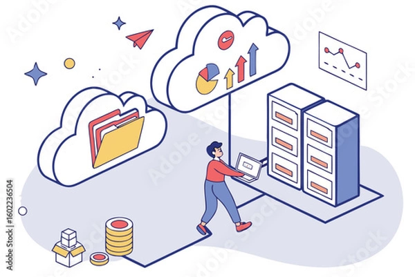 Fototapeta Man using laptop to access cloud storage while organizing data in a digital workspace with charts and files
