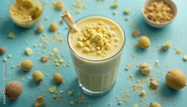 Fototapeta Creamy yellow smoothie topped with crumbled nuts sits in glass with striped straw, surrounded by scattered nuts and crumbs on light blue background, creating fresh and inviting scene