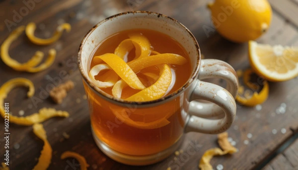 Fototapeta Warm mug of spiced tea with lemon peel curls on rustic wooden table, surrounded by scattered lemon peels and whole lemon, evokes cozy and inviting atmosphere