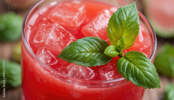Fototapeta Refreshing glass of watermelon juice with ice cubes and garnish of fresh mint leaves, creating vibrant and thirst quenching summer drink