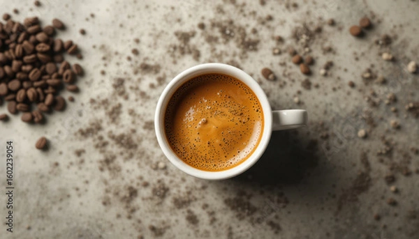 Fototapeta Steaming cup of espresso sits on textured surface surrounded by scattered coffee beans and grounds, creating warm and inviting atmosphere