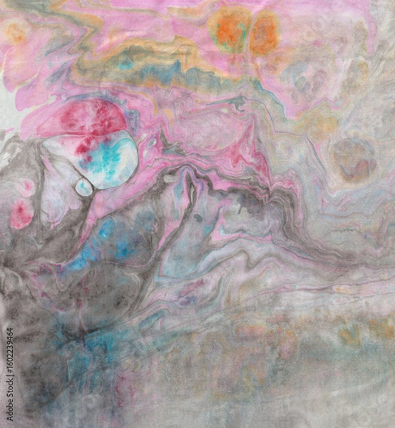 Fototapeta Abstract pink-gray ebru background. Bright iridescences of paint on the water. A creative artistic background for graphic design. Multi-colored shades of colors mixing. Fluid texture. Contemporary art
