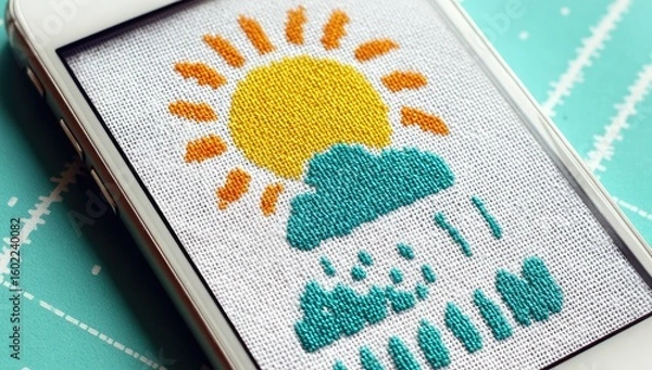 Obraz Smartphone displaying knitted sun and cloud weather