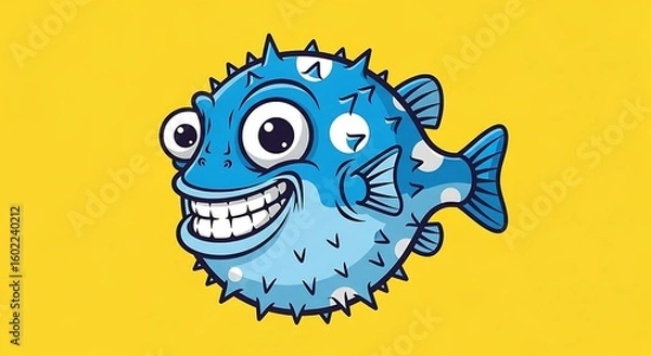 Fototapeta A cheerful, cartoon pufferfish with large eyes and a wide grin, against a yellow background.