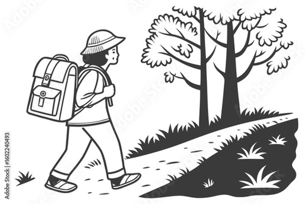 Fototapeta Hiker with backpack walking along a nature path surrounded by trees during daylight