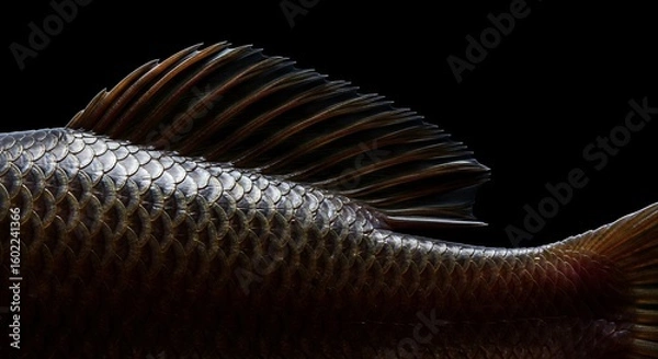 Fototapeta Close-up of a dark-scaled fish, showcasing its dorsal fin and intricate scales against a black background.