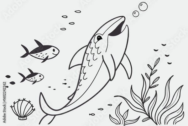 Fototapeta Jumping fish and sea life in a vibrant underwater ecosystem with colorful corals and bubbles near a sandy ocean floor