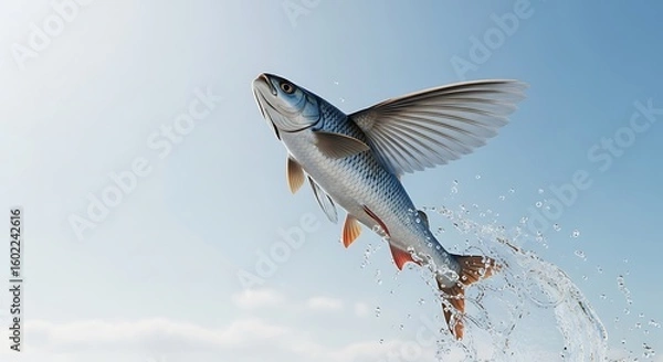 Fototapeta A fish leaps from the water with its wings extended, against a clear blue sky.