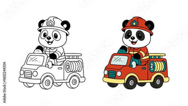 Fototapeta Learn coloring for kids with firefighter panda characters, coloring books, coloring pages for kids.