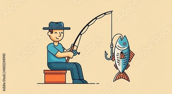 Fototapeta A smiling fisherman sits, reeling in a large fish with a fishing rod.