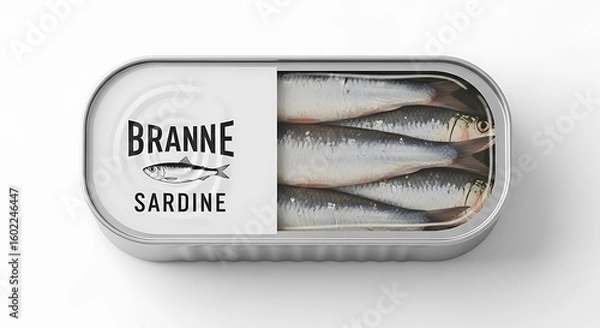Fototapeta A top-down view of a tin can of sardines, showcasing the product's label and contents.