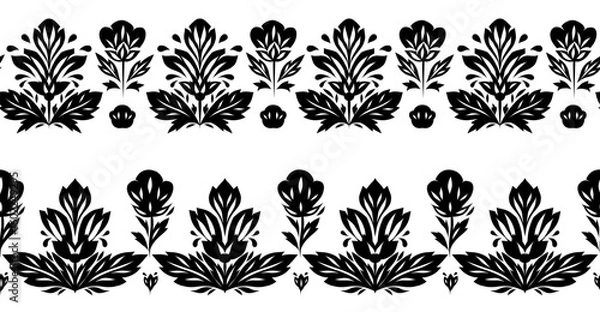 Fototapeta Vector set of seamless borders with black silhouette of decorative flowers. Collection of tracery friezes with stylized flowers. Floral horizontal borders for brushes, dividers and picture frame