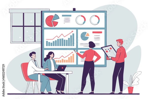 Fototapeta Business meeting in an office with team analyzing data on a large monitor while utilizing laptops and tablets for collaboration