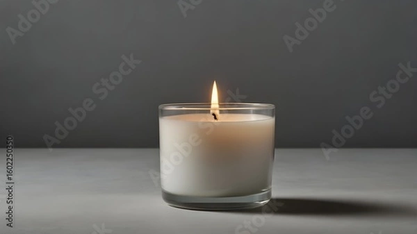 Obraz Single White Candle in Glass Jar on Gray Background