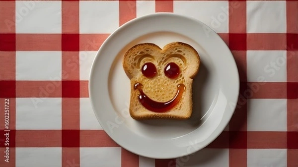 Obraz Cute Toast with Jam Smile on Checkered Background