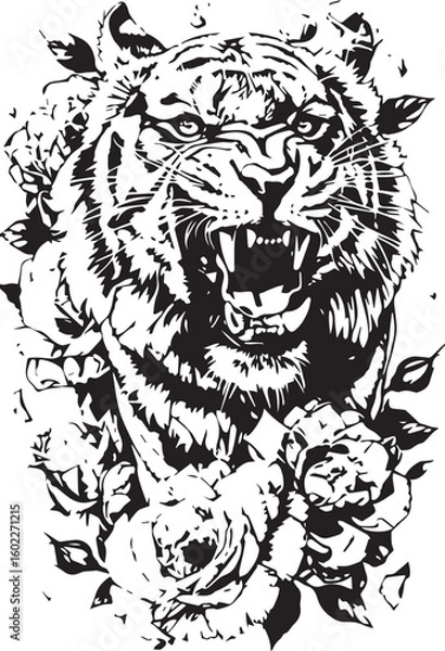 Fototapeta swizzyyneeck0833_Tattoo_design_of_an_angry_tiger_surrounded_by__8d68aa7d-086b-4350-b9b5-df49f87ef221.eps