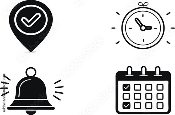 Fototapeta Minimal Black-and-White UI Icons Location Pin, Clock Check, Calendar, Bell Notification.