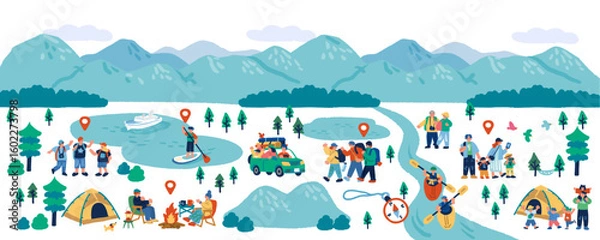 Obraz 山々とアウトドアを楽しむ人々の手描きイラストセット