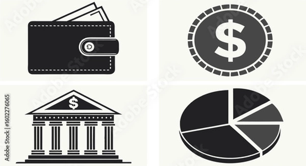 Fototapeta Secure your financial future with this modern business icons set: wallet, coin, bank, chart.