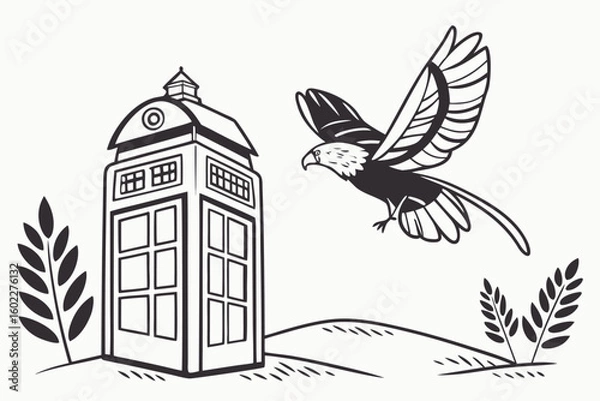 Fototapeta Imaginary scene with a flying bird beside a classic time machine in a whimsical landscape during the daylight hours