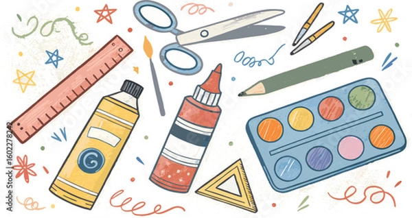 Fototapeta Crayon Drawing of Art Supplies Childlike Scribble Style Creative Tools Illustration.
