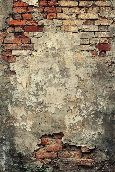 Fototapeta Old brick wall with peeling dirty white and grey plaster, weathered texture, rustic and urban decay, vintage atmosphere, rough surface, aged and distressed look