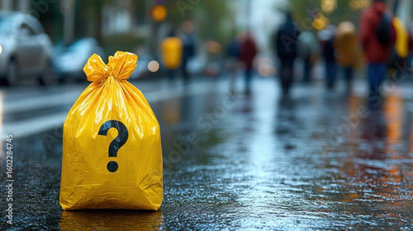 Fototapeta Yellow garbage bag question mark street wet pavement urban mystery waste city rainy day people blurred in background concept of uncertainty