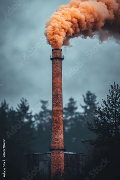 Fototapeta Industrial smokestack pollution carbon emission environment climate neutral net zero forest overcast moody vertical outdoors energy sustainability atmospheric autumn air quality industry ecology