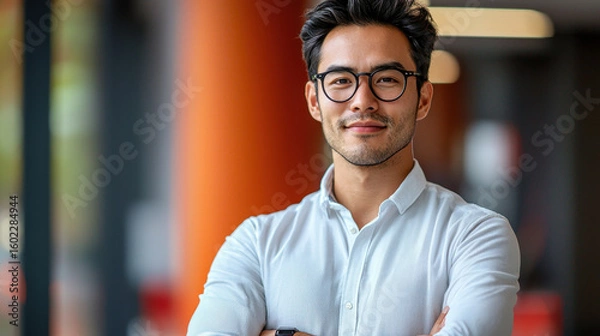 Fototapeta Confident young man with glasses, white shirt, and dark hair standing with arms crossed in modern office, smiling and looking at camera, professional and successful atmosphere