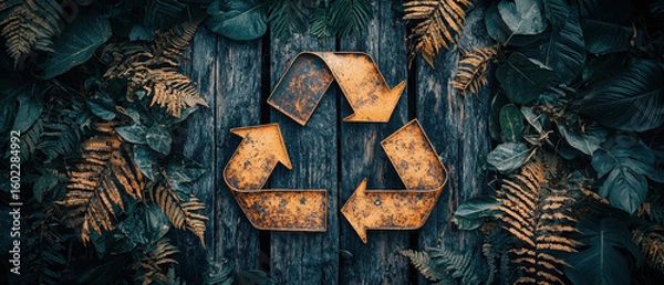 Fototapeta Rustic recycle symbol, weathered metal, surrounded by green leaves and ferns on aged wooden planks, promoting eco friendly, sustainable, and environmental awareness