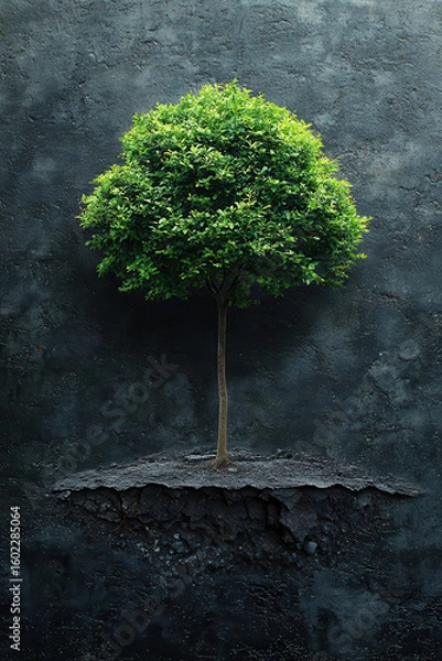 Fototapeta Floating green tree minimalistic style dark textured background concept of growth recovery challenge and big thinking symbolizing hope and resilience