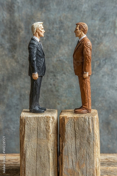 Fototapeta Two businessperson figurines in formal suits stand face to face on separate wooden blocks, symbolizing competition, negotiation, or confrontation in professional setting