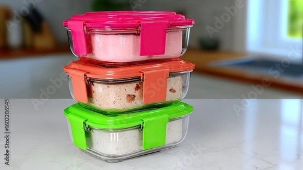 Obraz Stacked glass food containers, kitchen background
