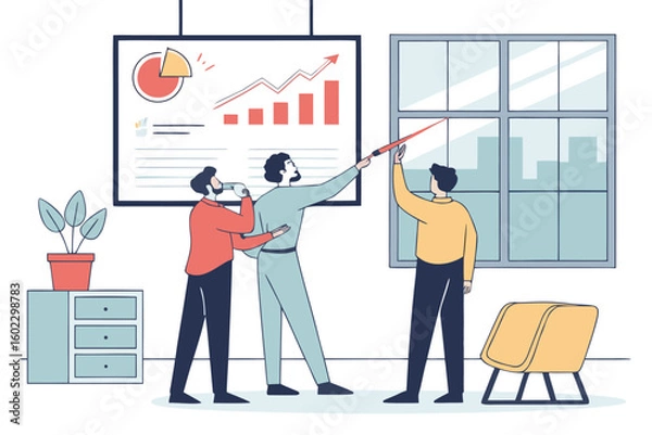Fototapeta Team members collaborating in a modern office setting while discussing business growth trends and data analysis using visual graphs and charts