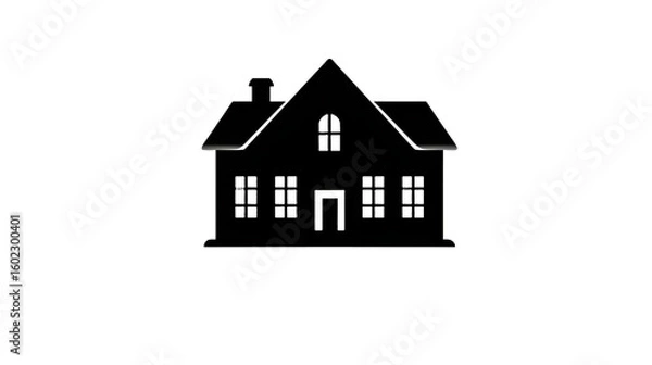 Fototapeta High-Detail Flat House Icon with Chimney and Symmetrical Windows in Black Outline on Transparent Background , Corporate Vector Style