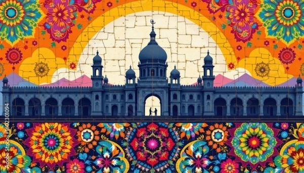 Fototapeta a cultural architectural lgbt pride background with indian palace silhouettes and pride inspired mandalas, in mosaic tiles forming pride themed patterns, used in cultural center pride invitations.