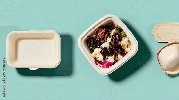 Obraz Eco-friendly takeout containers, food, blue background, studio shot
