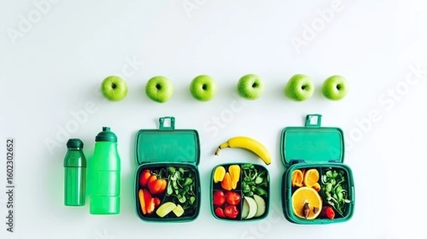 Obraz Healthy lunchboxes, fruits, and drinks on white