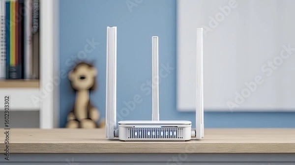 Obraz White Wi-Fi router on desk, home office background