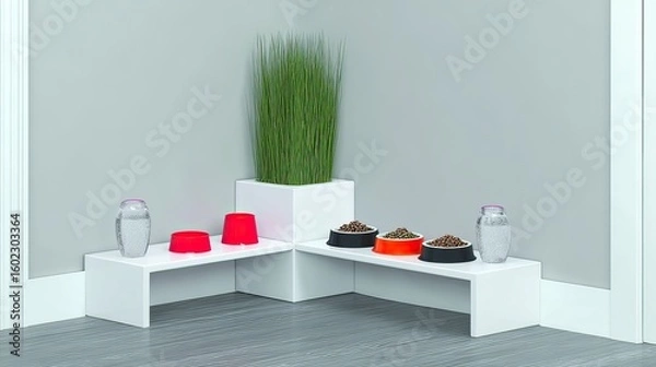Obraz Corner pet food station, indoor setup, minimalist design, grey background, website use