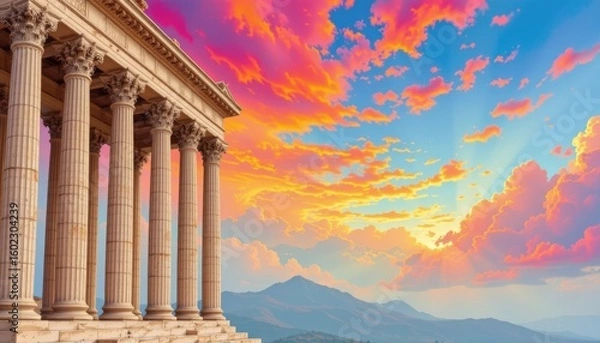 Fototapeta a cultural architectural lgbt pride background with classical roman columns under pride colored sky, on hand painted ceramic textures, used in cultural center pride invitations.